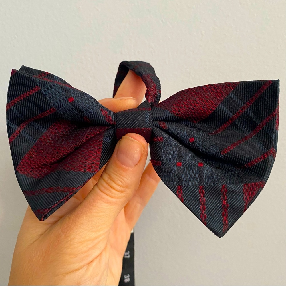 Dries Van Noten Bow Tie Silk Highlander Plaid Red Gray Christmas Adjustable